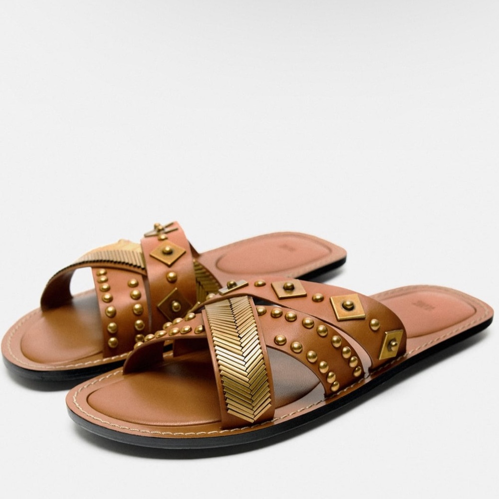 Zara leather sandals gold metallic details made in India